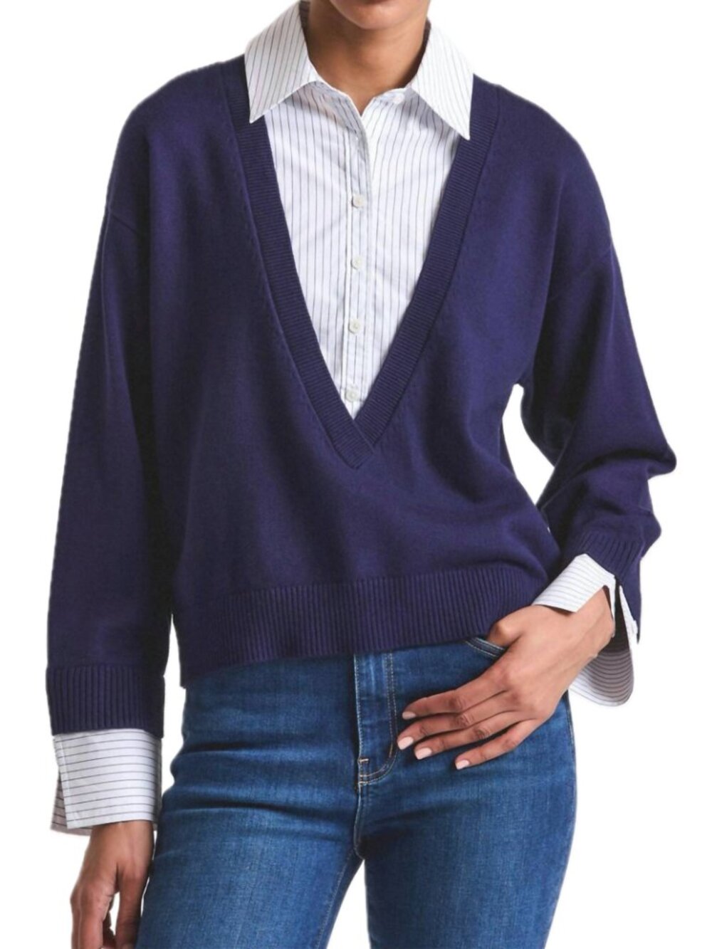 Derek Lam 10 Crosby Rida Striped Mixed-Media Twofer Sweater (Navy/White)